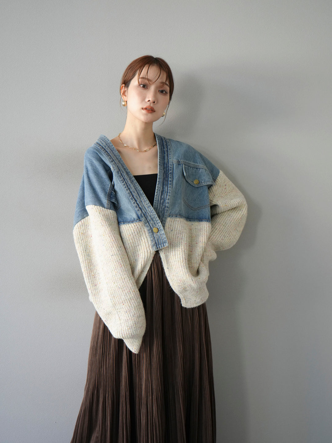 [SET]デニム切替ネップニットカーディガン+裾レーススウェードプリーツマキシスカート(2set)