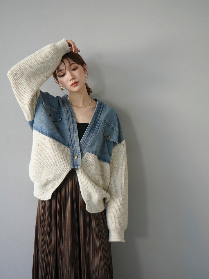 [SET]デニム切替ネップニットカーディガン+裾レーススウェードプリーツマキシスカート(2set)