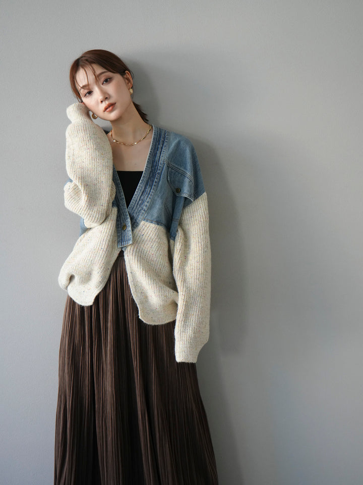 [SET]デニム切替ネップニットカーディガン+裾レーススウェードプリーツマキシスカート(2set)