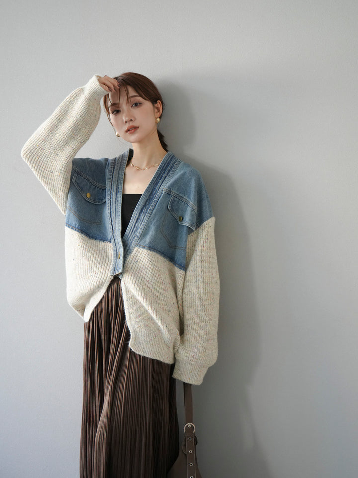 [SET]デニム切替ネップニットカーディガン+裾レーススウェードプリーツマキシスカート(2set)