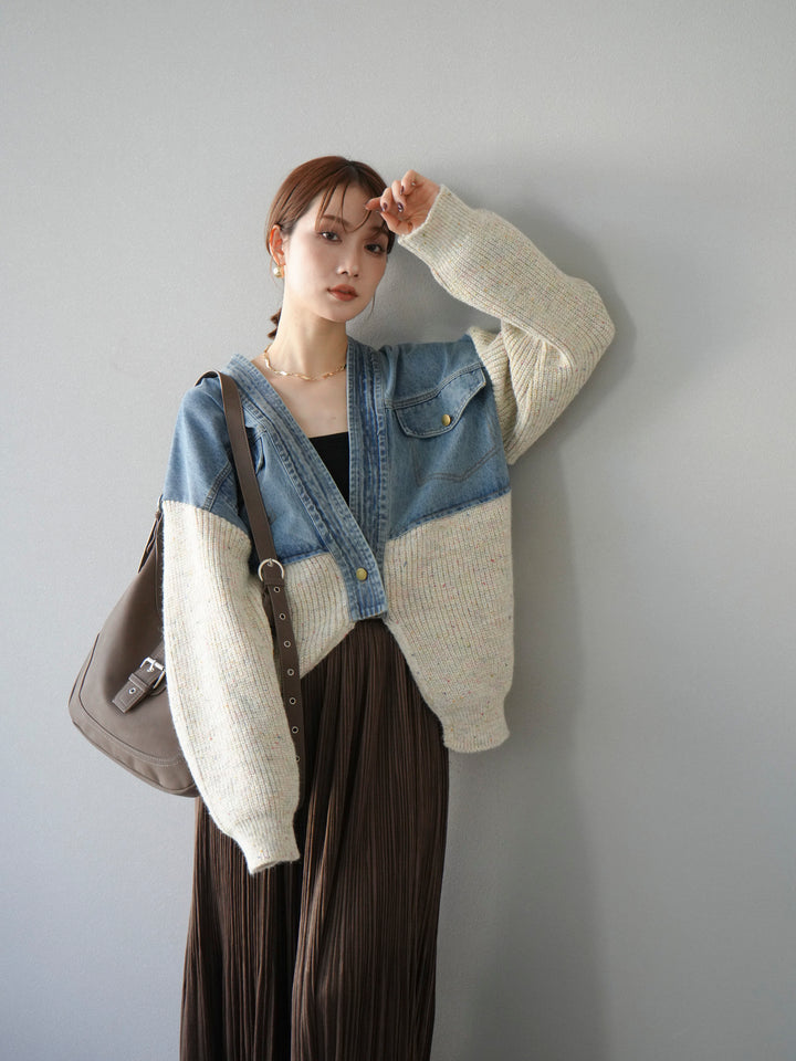 [SET]デニム切替ネップニットカーディガン+裾レーススウェードプリーツマキシスカート(2set)