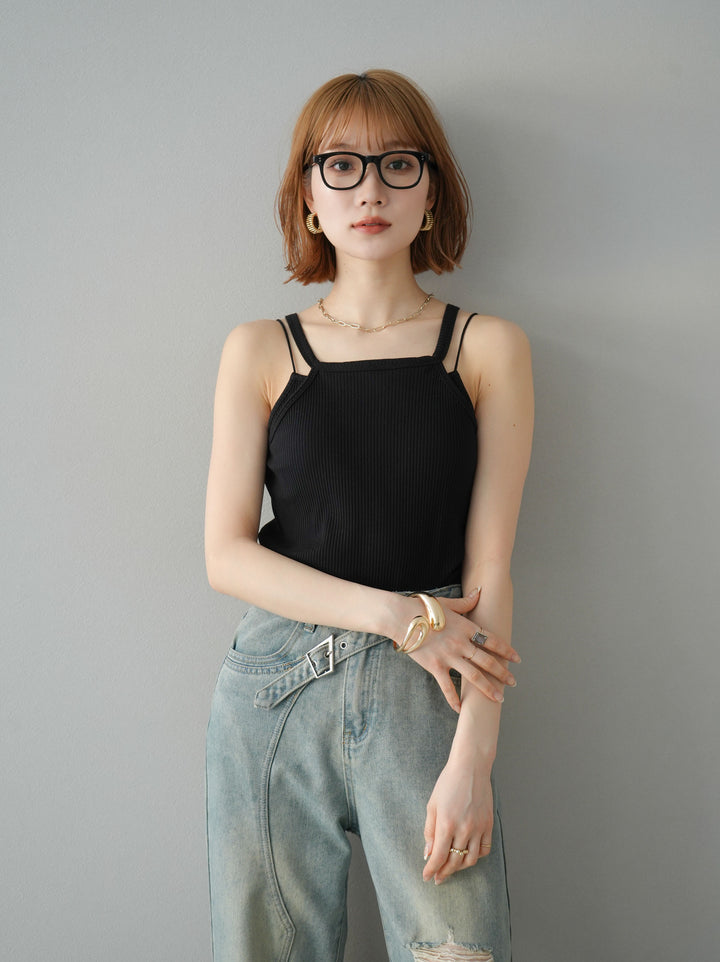 [予約]レイヤードデザインカットリブブラキャミソール/ブラック