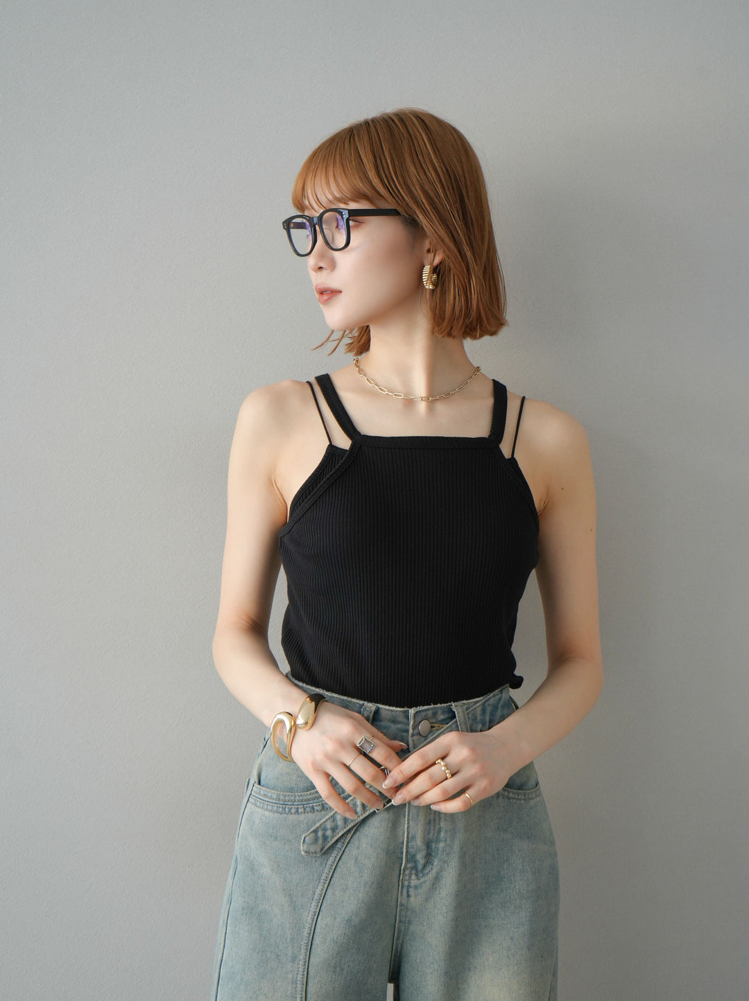 [予約]レイヤードデザインカットリブブラキャミソール/ブラック