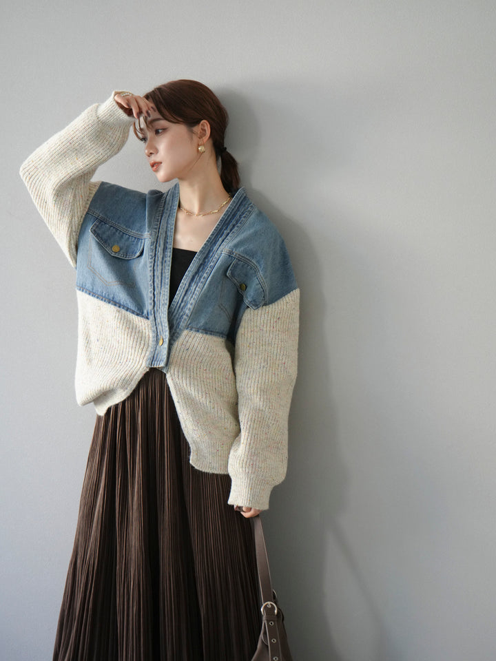 [SET]デニム切替ネップニットカーディガン+裾レーススウェードプリーツマキシスカート(2set)