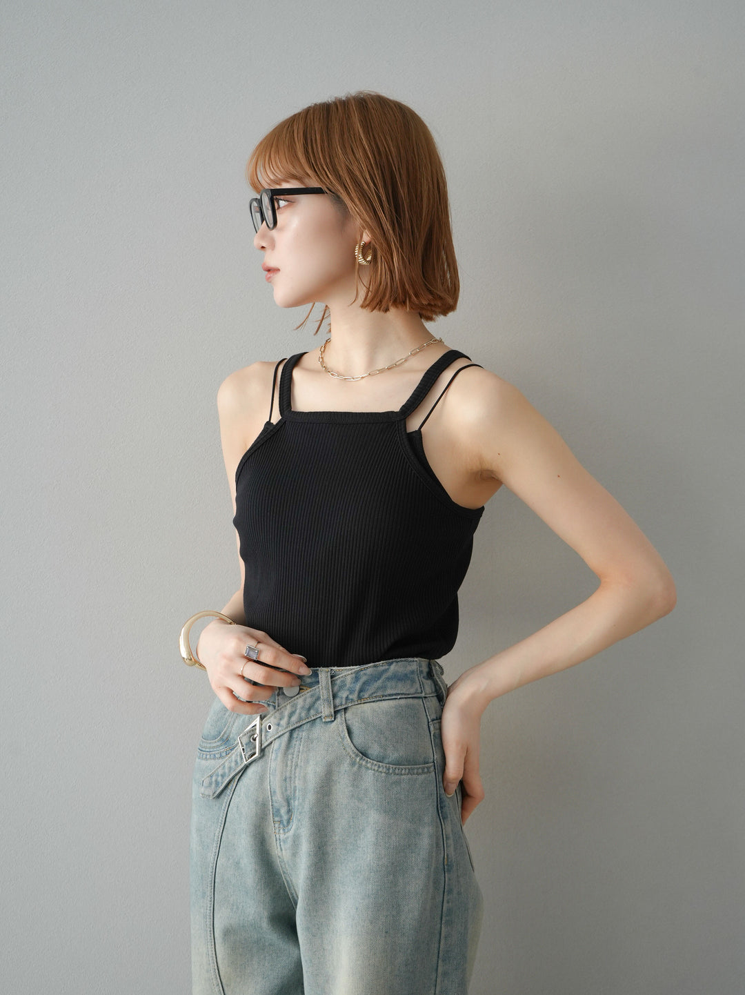 [予約]レイヤードデザインカットリブブラキャミソール/ブラック