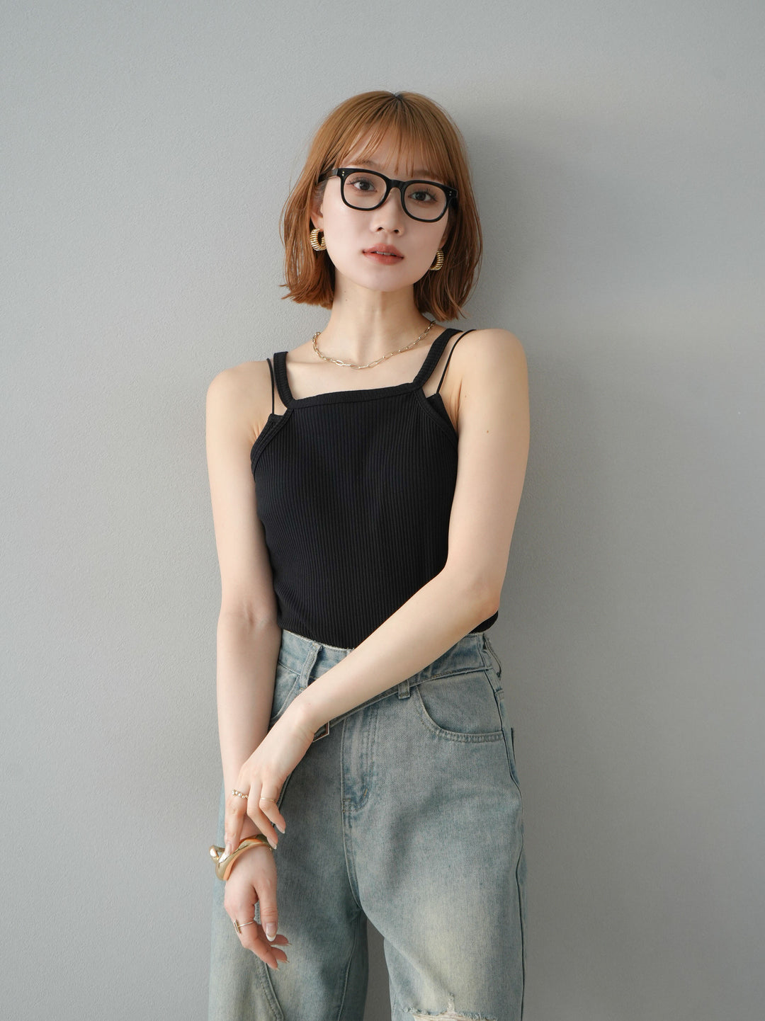 [予約]レイヤードデザインカットリブブラキャミソール/ブラック