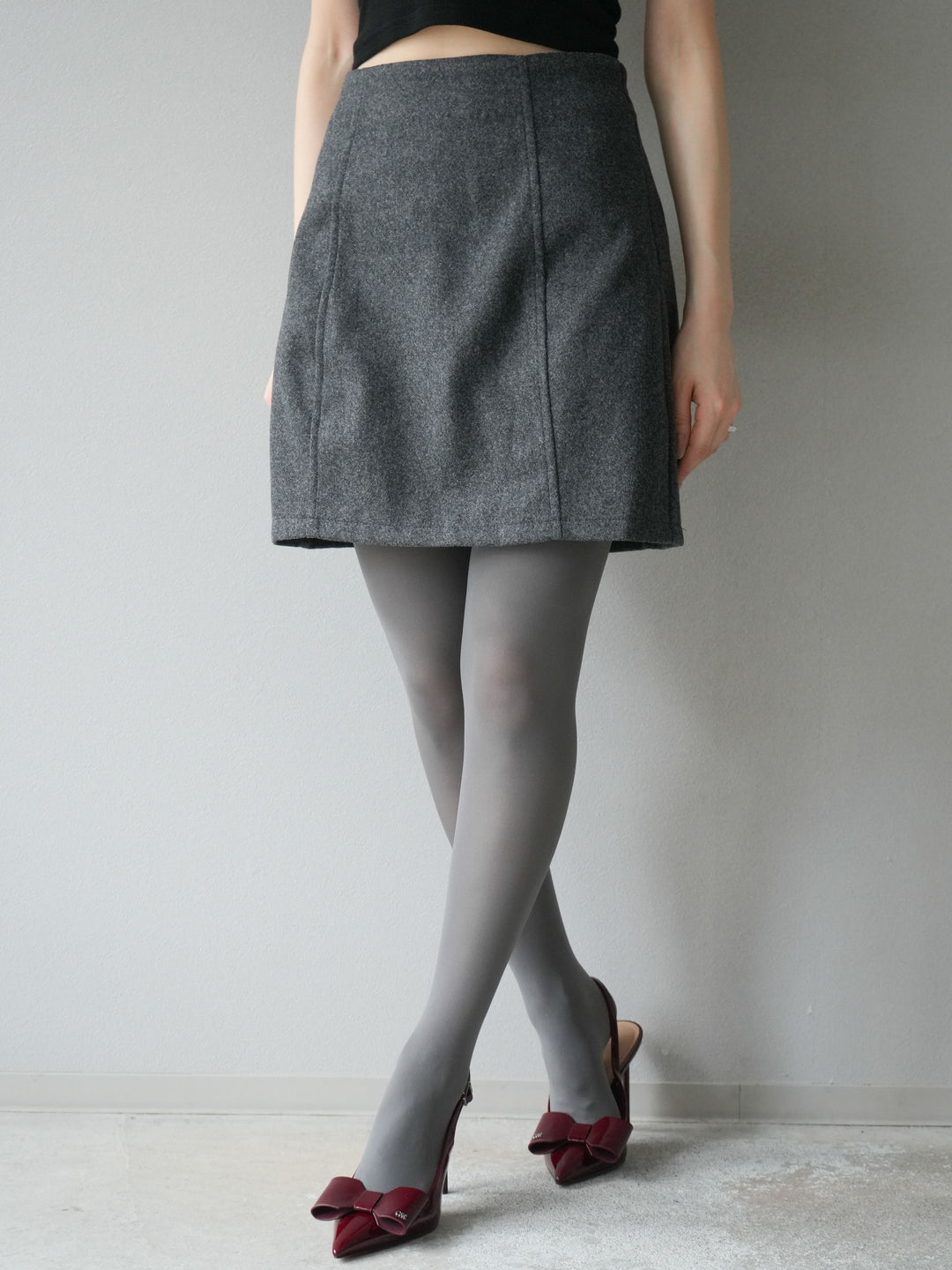 [予約]フェイクウールコクーンミニスカート/チャコール