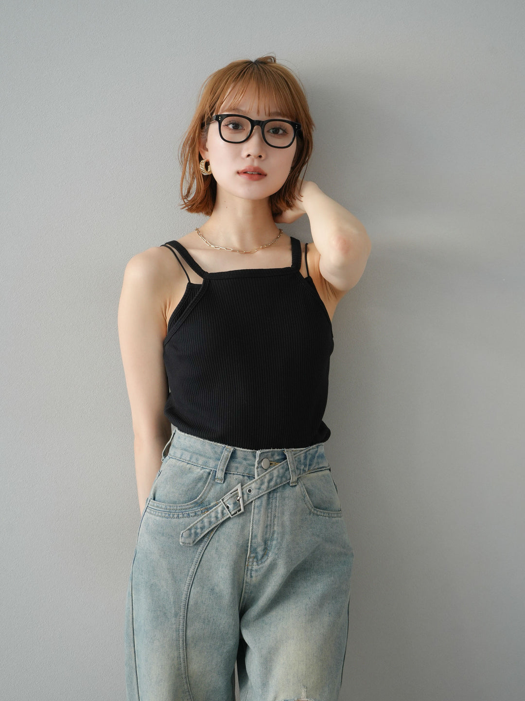 [予約]レイヤードデザインカットリブブラキャミソール/ブラック