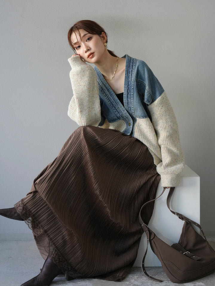 [SET]デニム切替ネップニットカーディガン+裾レーススウェードプリーツマキシスカート(2set)