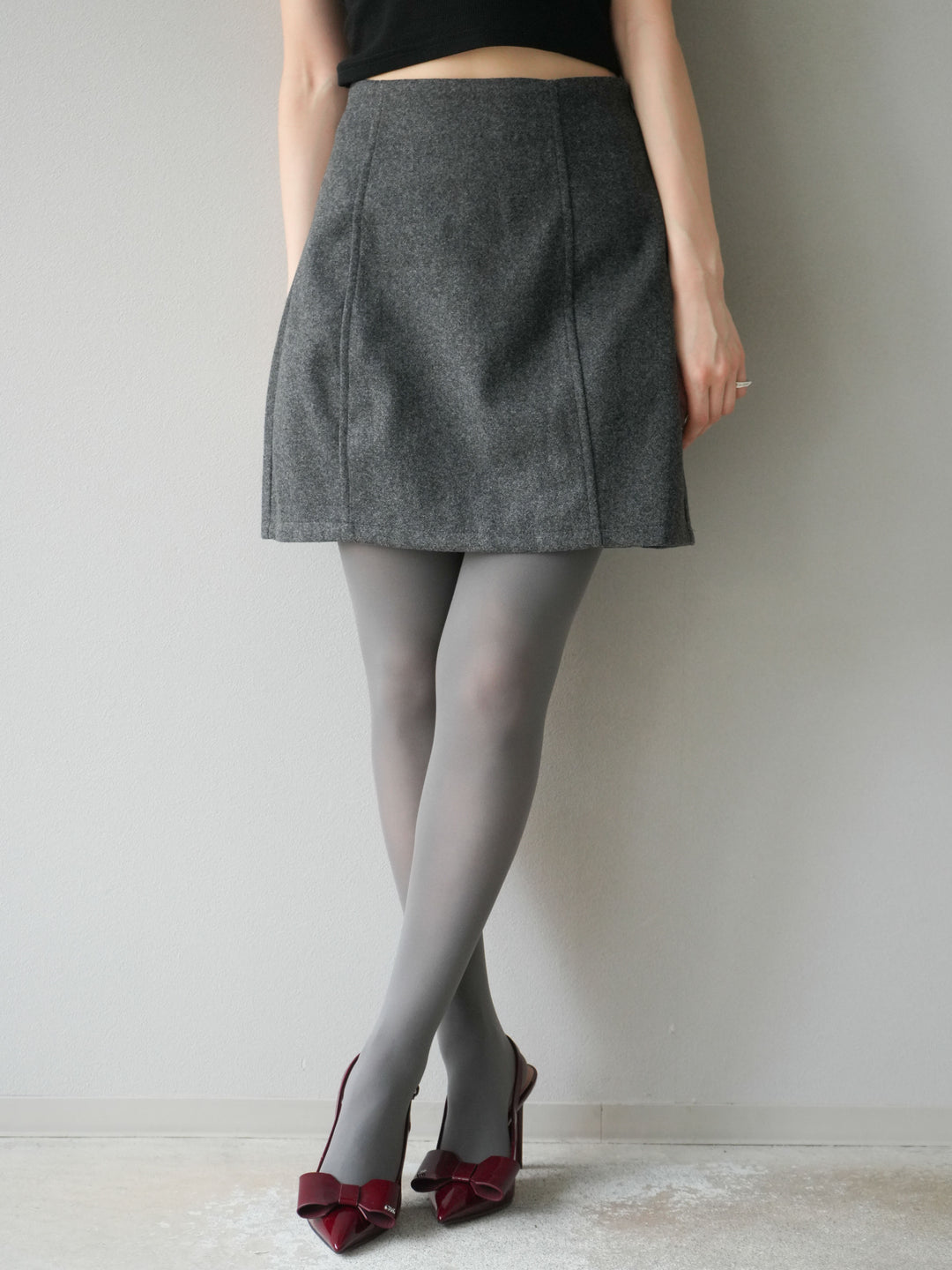[予約]フェイクウールコクーンミニスカート/チャコール