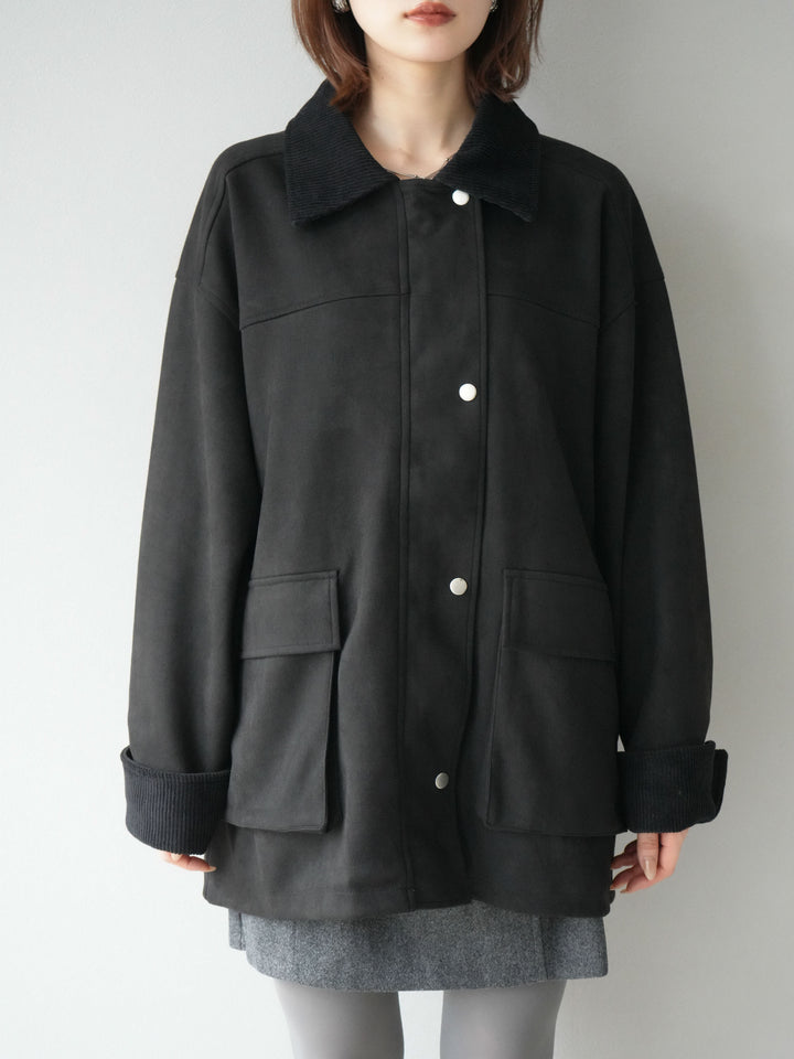 [予約]コーデュロイ襟スウェードミドルジャケット /ブラック