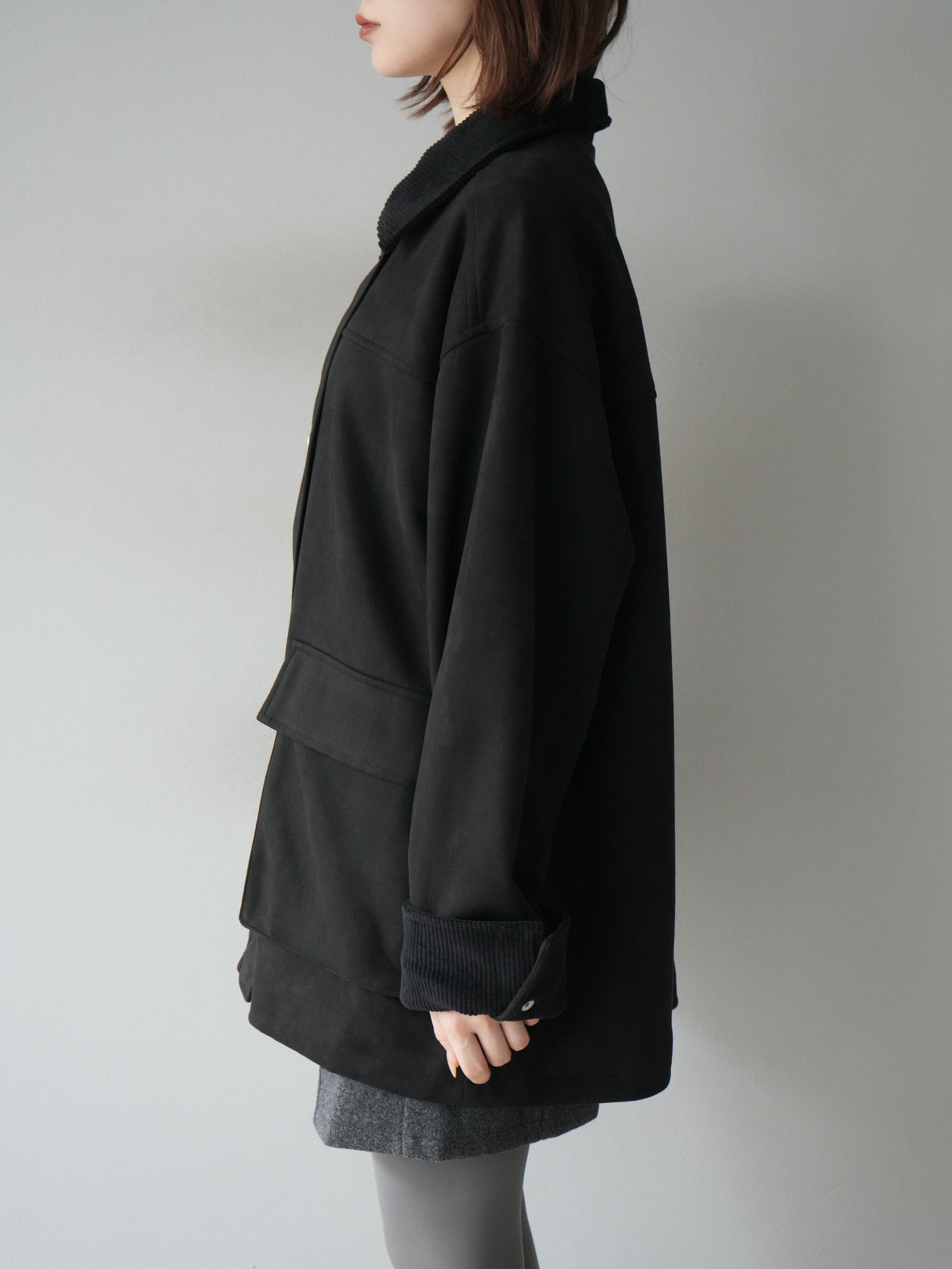 予約]コーデュロイ襟スウェードミドルジャケット /ブラック – Lumier