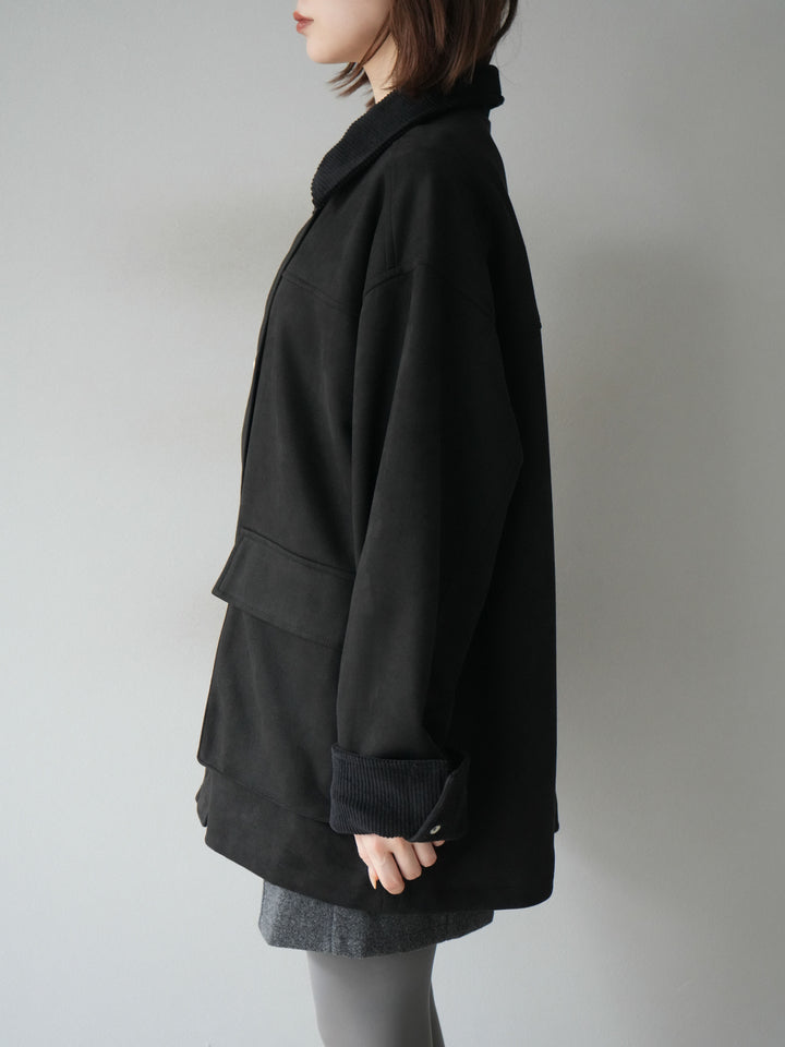 [予約]コーデュロイ襟スウェードミドルジャケット /ブラック