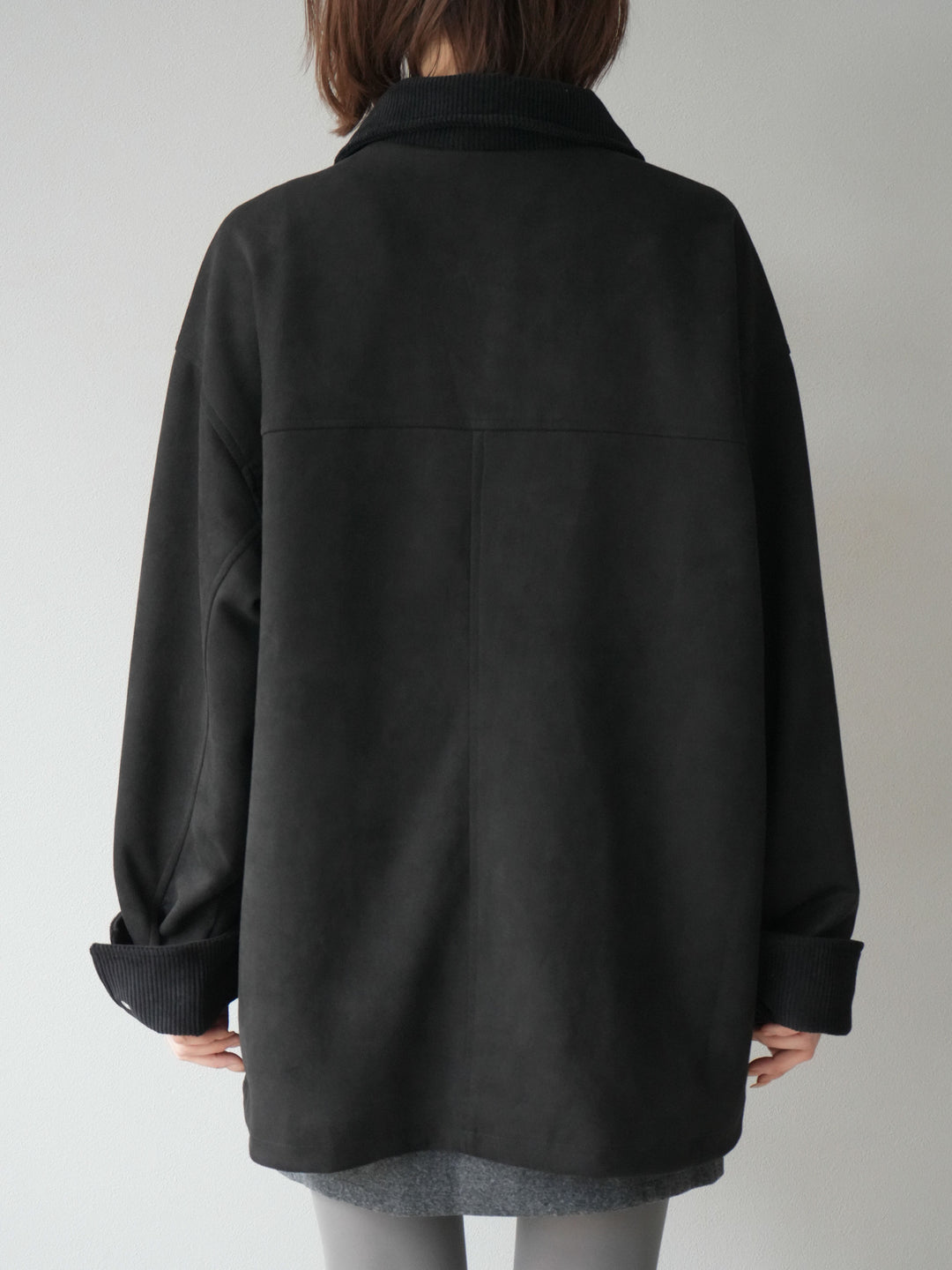 [予約]コーデュロイ襟スウェードミドルジャケット /ブラック