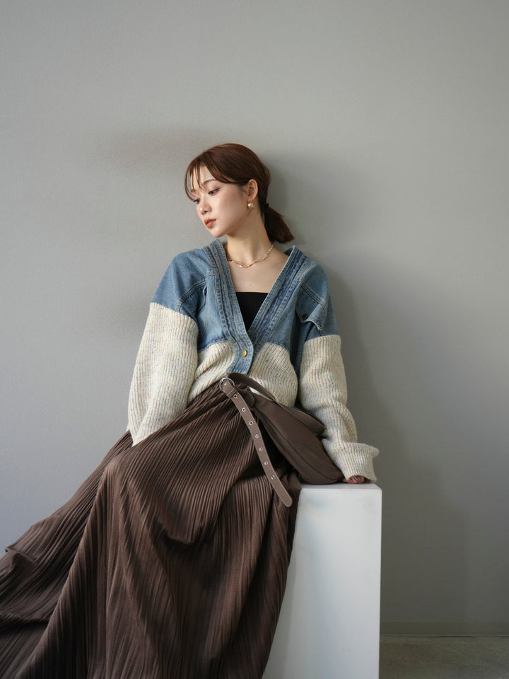 [SET]デニム切替ネップニットカーディガン+裾レーススウェードプリーツマキシスカート(2set)