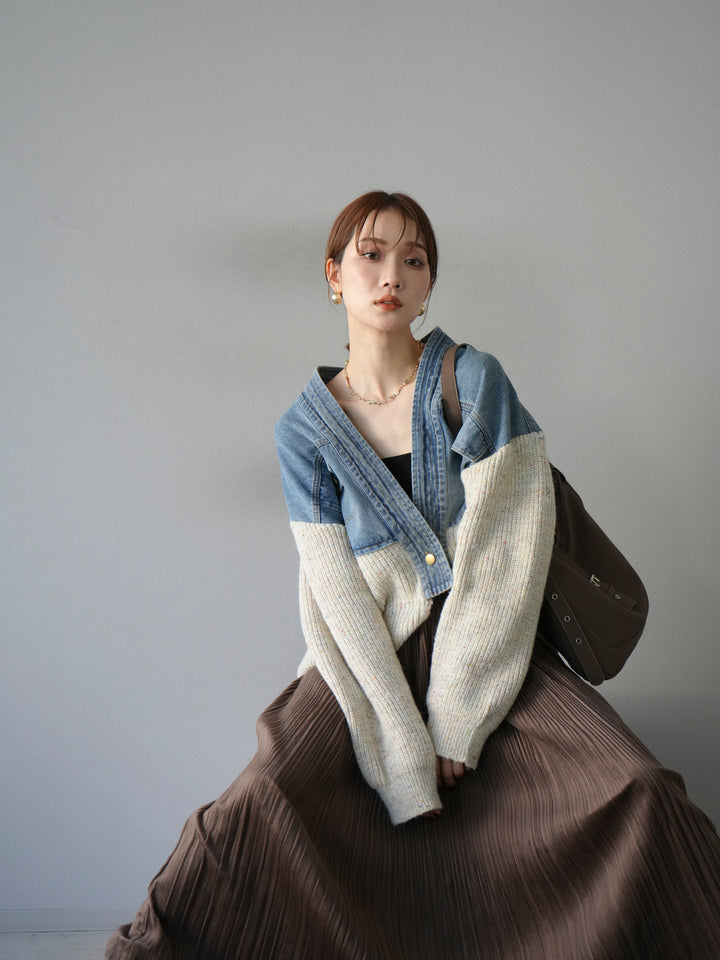 [SET]デニム切替ネップニットカーディガン+裾レーススウェードプリーツマキシスカート(2set)