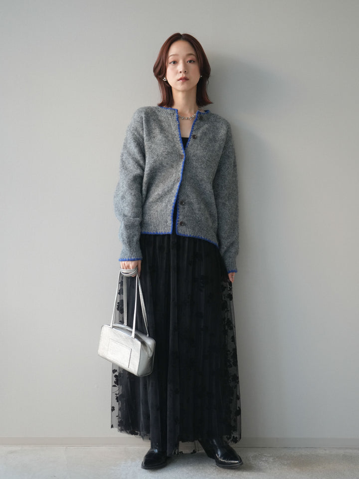 [SET]三角ステッチニットカーディガン+フラワーフロッキーチュールプリーツスカート(2set)