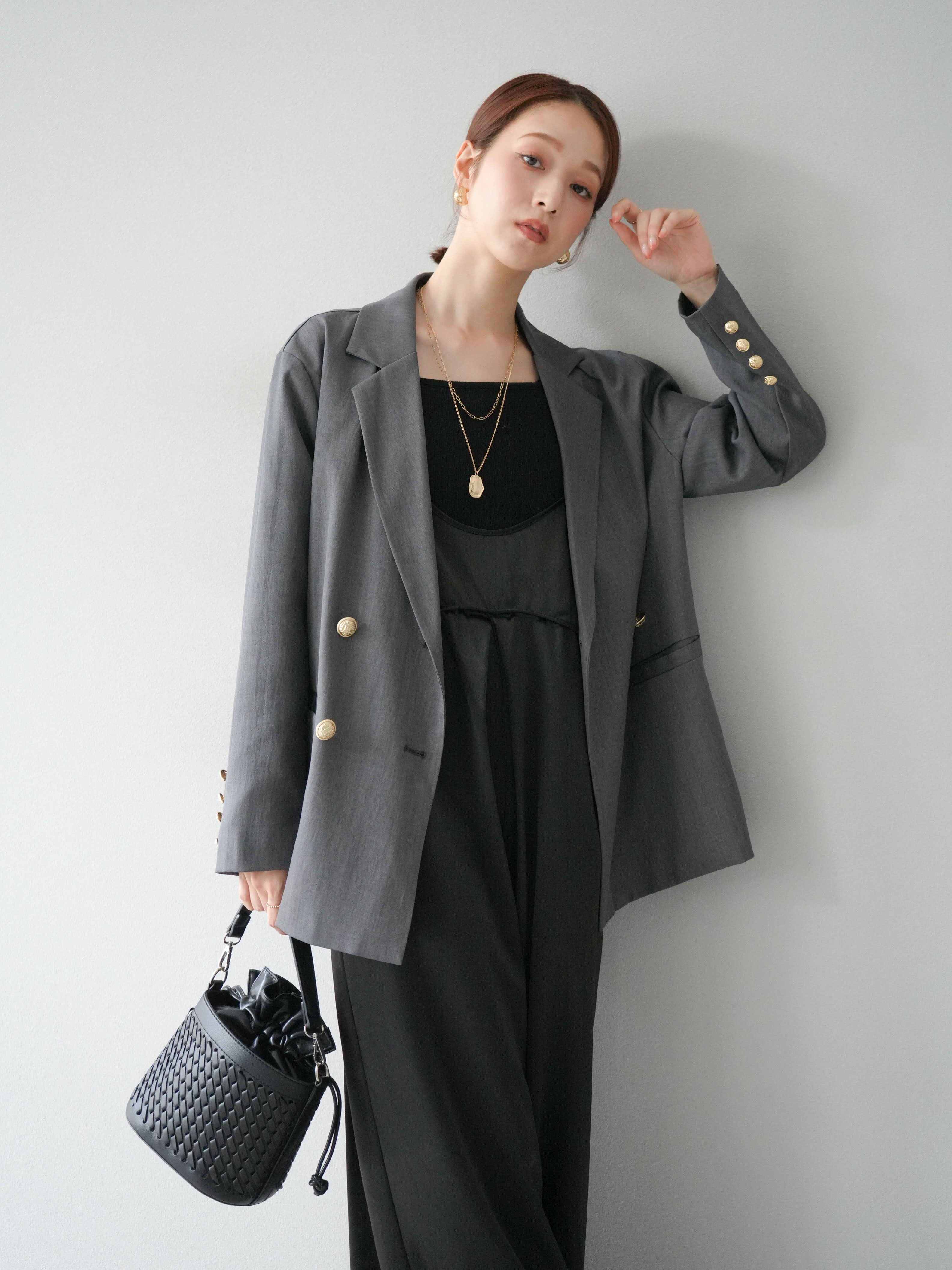 SET]ゴールドボタンツイルダブルテーラードジャケット+選べるアクセ