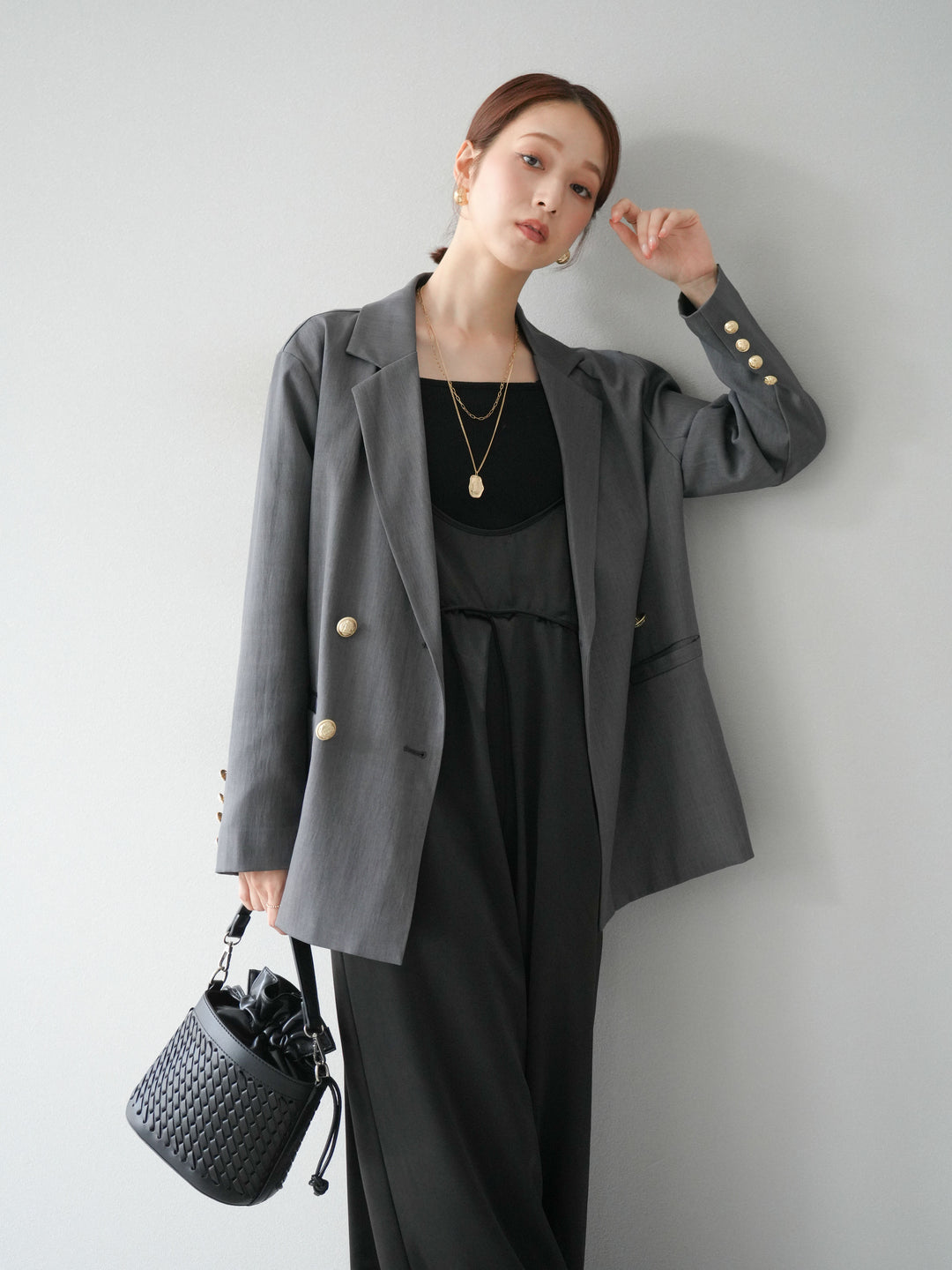 [套裝] 金色扣環斜紋雙排扣西裝外套 + 配件套裝（2 套）