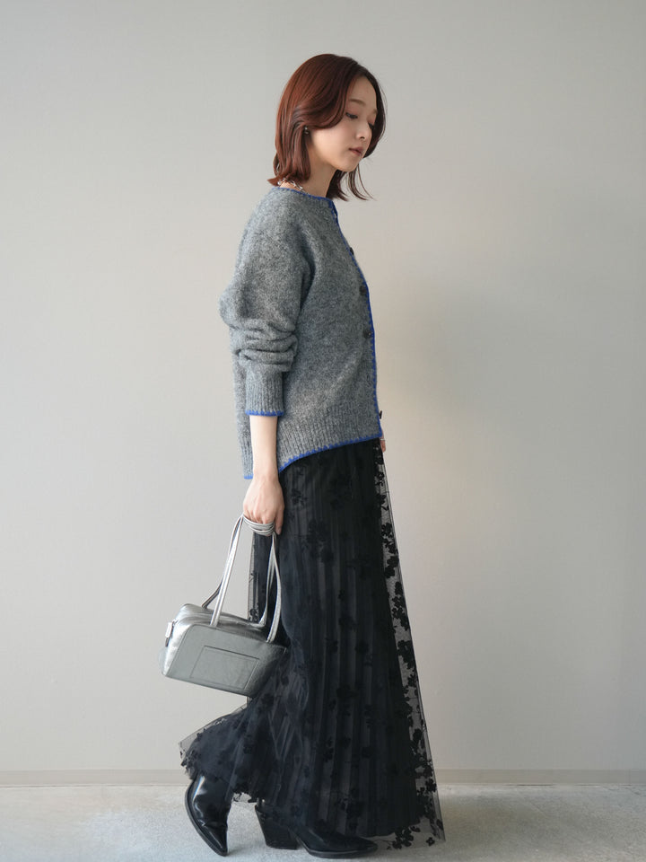 [SET]三角ステッチニットカーディガン+フラワーフロッキーチュールプリーツスカート(2set)