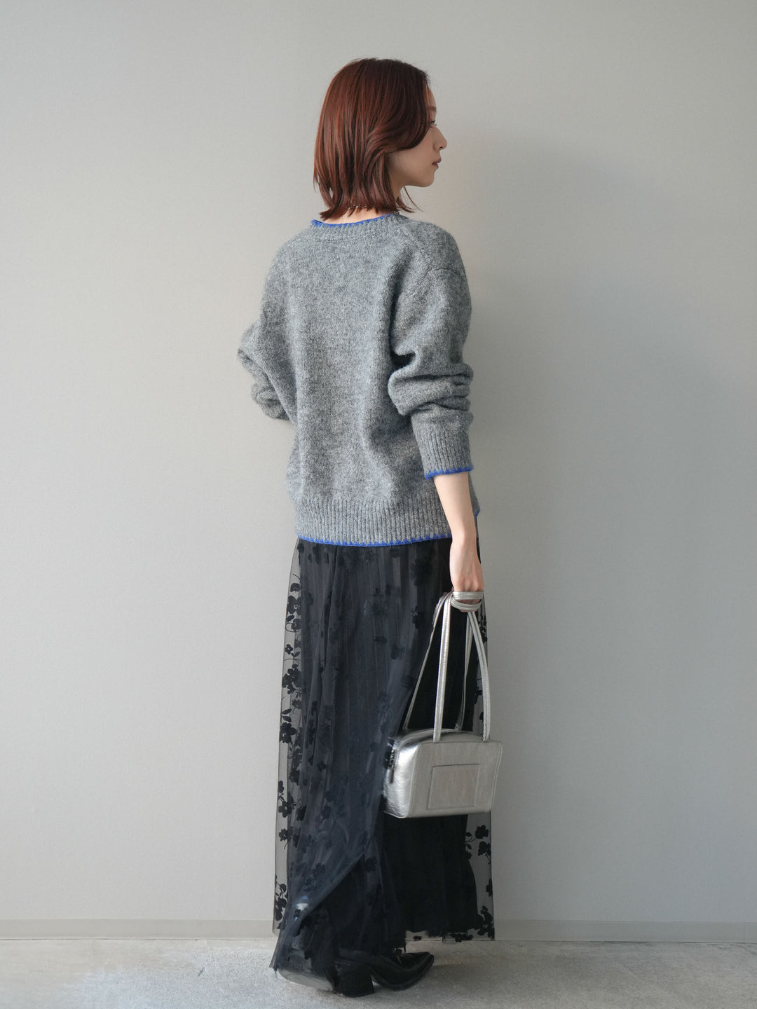 [SET]三角ステッチニットカーディガン+フラワーフロッキーチュールプリーツスカート(2set)