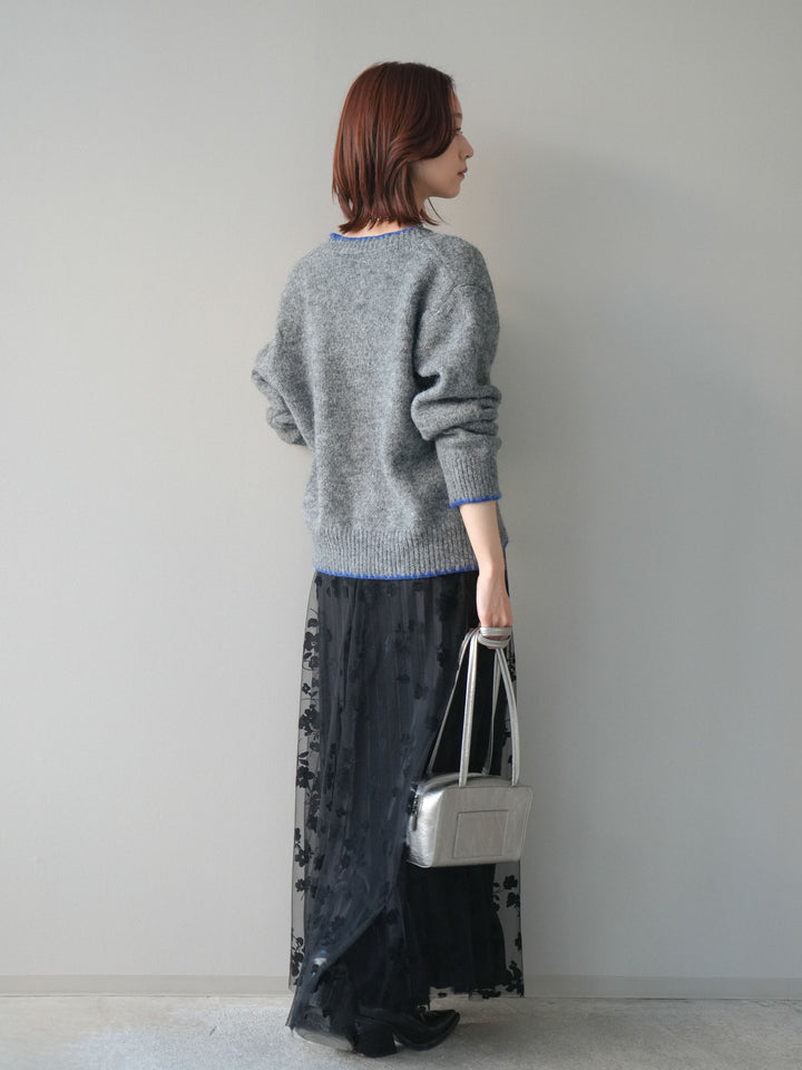 [SET]三角ステッチニットカーディガン+フラワーフロッキーチュールプリーツスカート(2set)