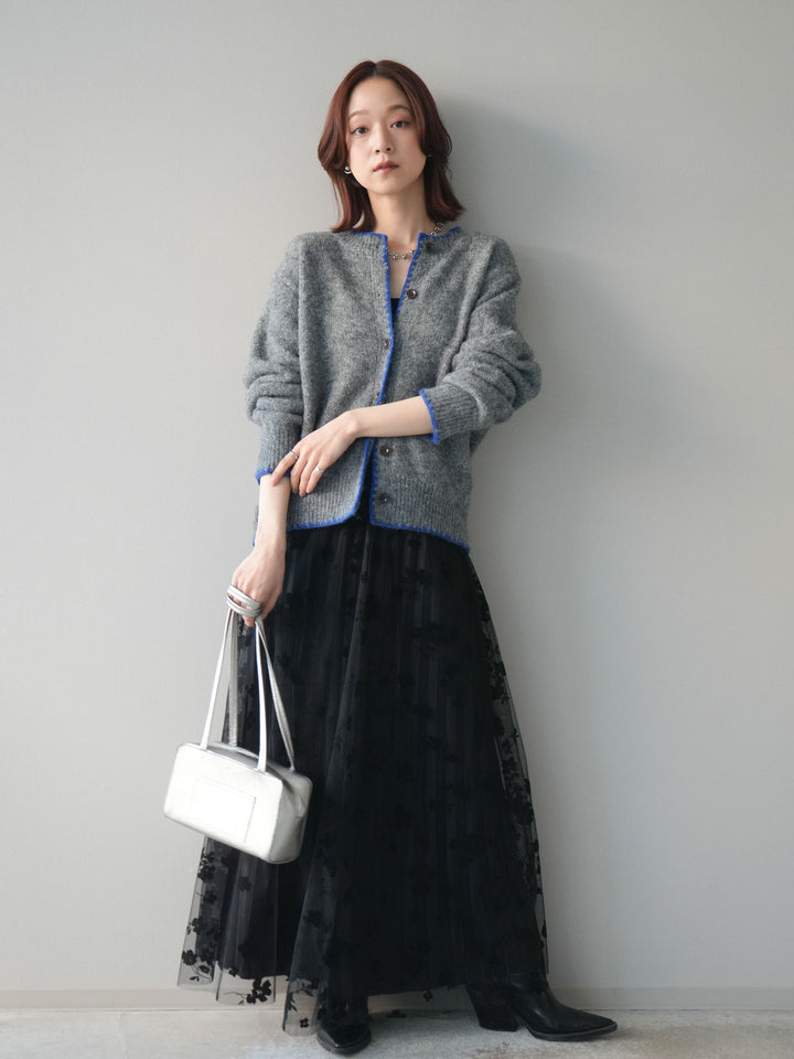[SET]三角ステッチニットカーディガン+フラワーフロッキーチュールプリーツスカート(2set)