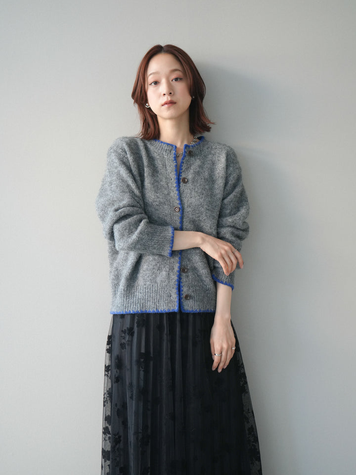 [SET]三角ステッチニットカーディガン+フラワーフロッキーチュールプリーツスカート(2set)