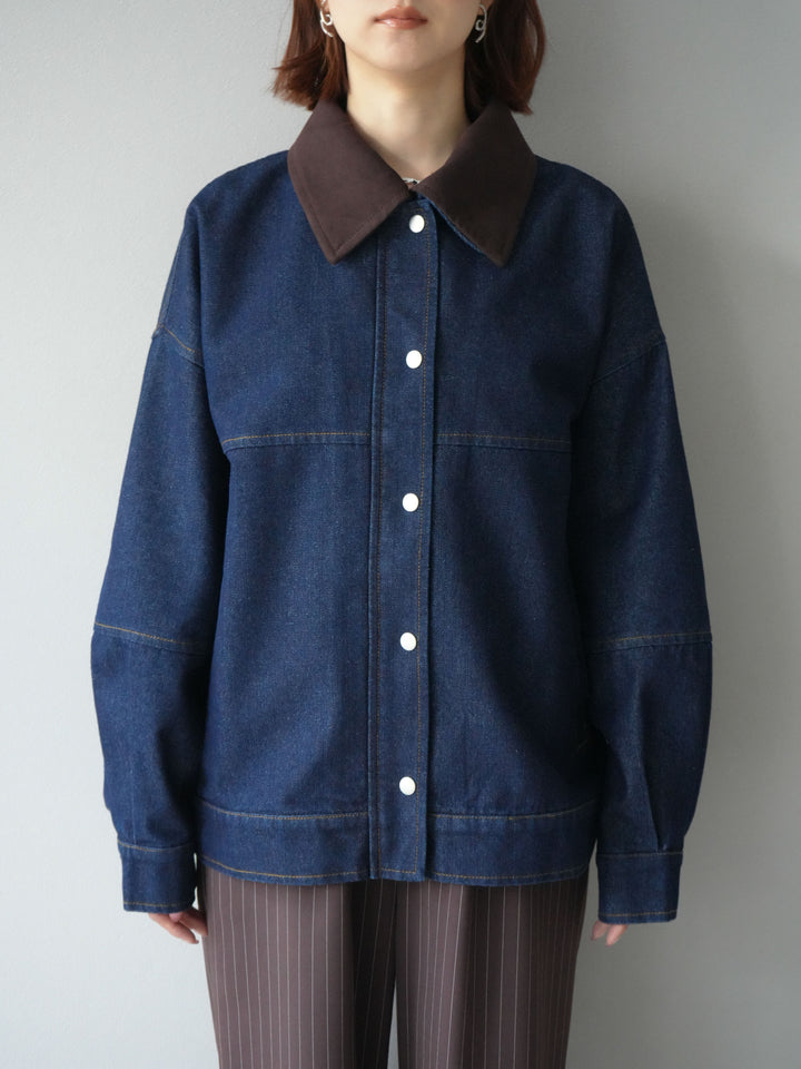 [予約]スウェード襟切替デニムブルゾン/インディゴ