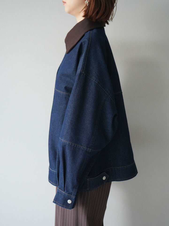 [予約]スウェード襟切替デニムブルゾン/インディゴ