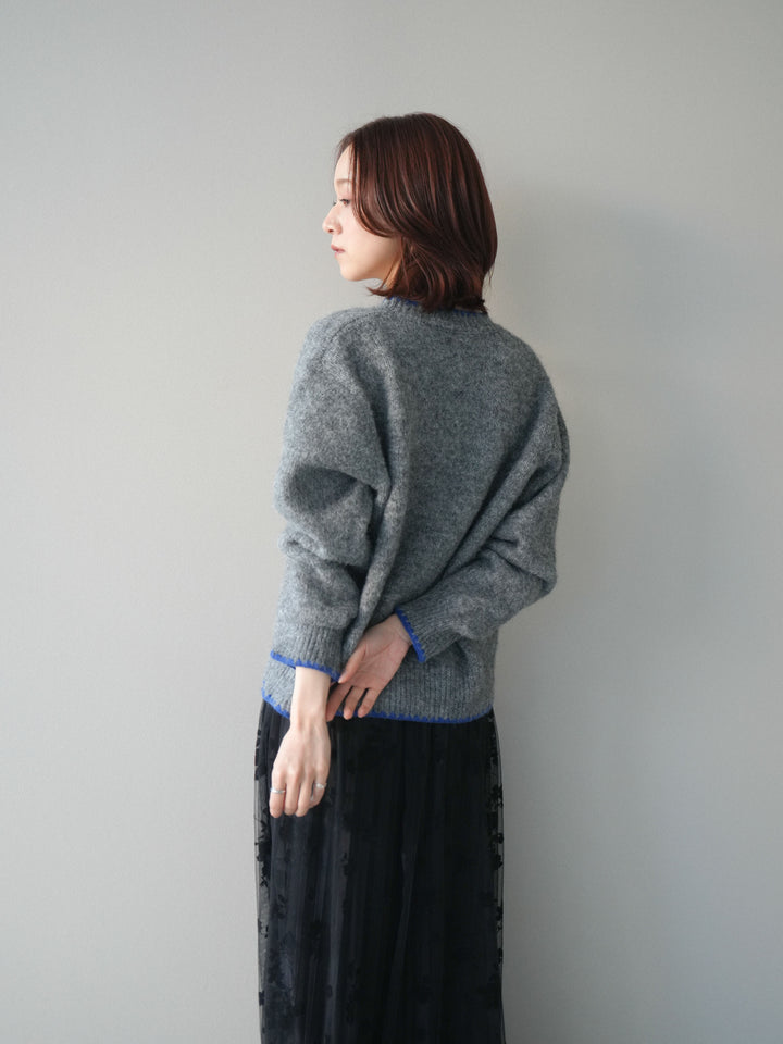 [SET]三角ステッチニットカーディガン+フラワーフロッキーチュールプリーツスカート(2set)