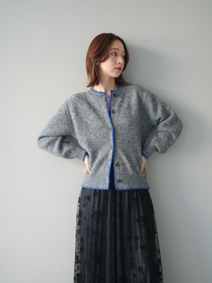 [SET]三角ステッチニットカーディガン+フラワーフロッキーチュールプリーツスカート(2set)