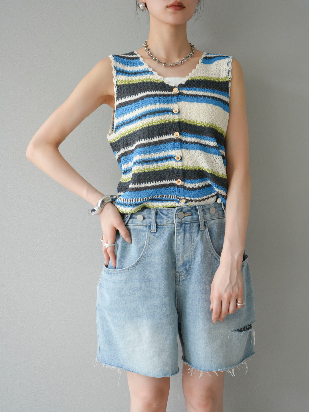 [予約]マルチボーダーニットベスト/ブルー