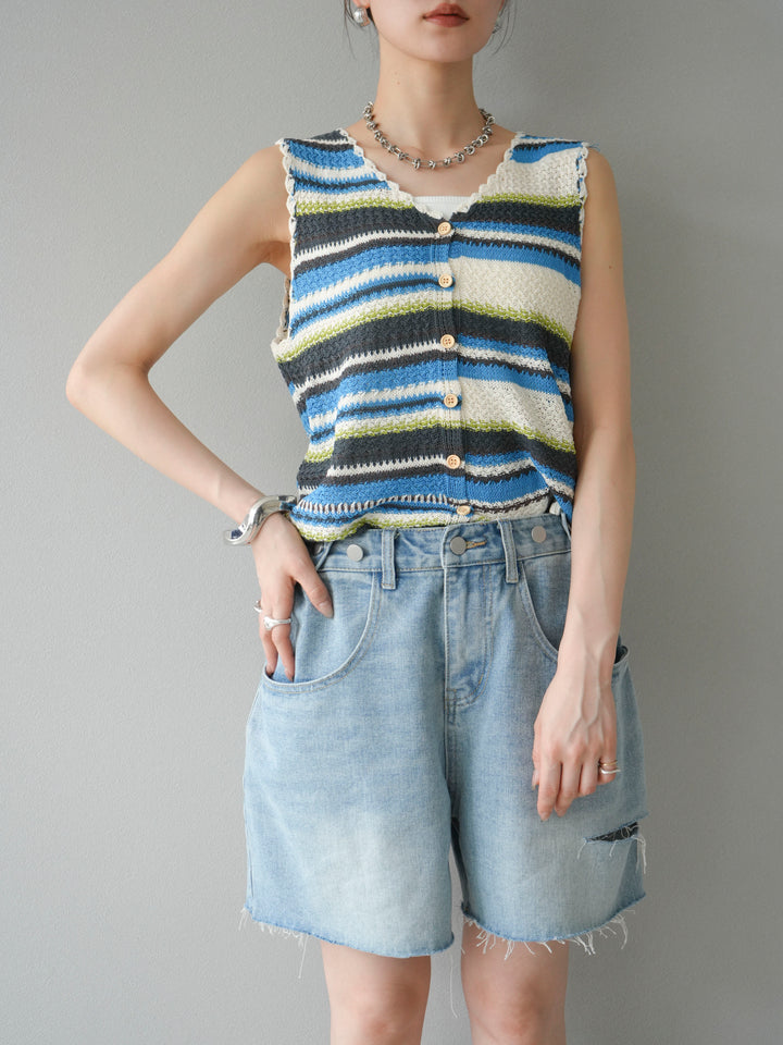 [予約]マルチボーダーニットベスト/ブルー