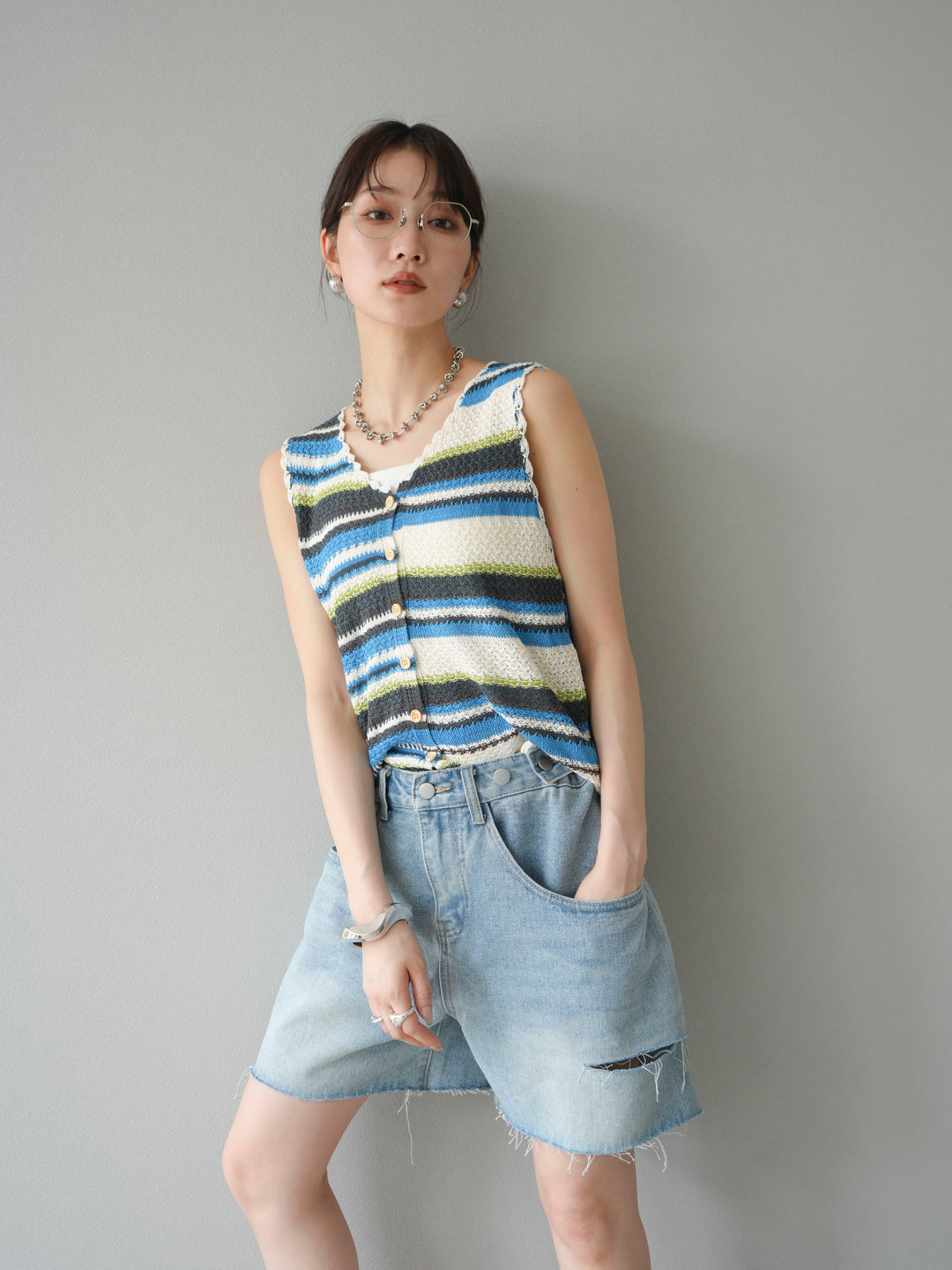 [予約]マルチボーダーニットベスト/ブルー