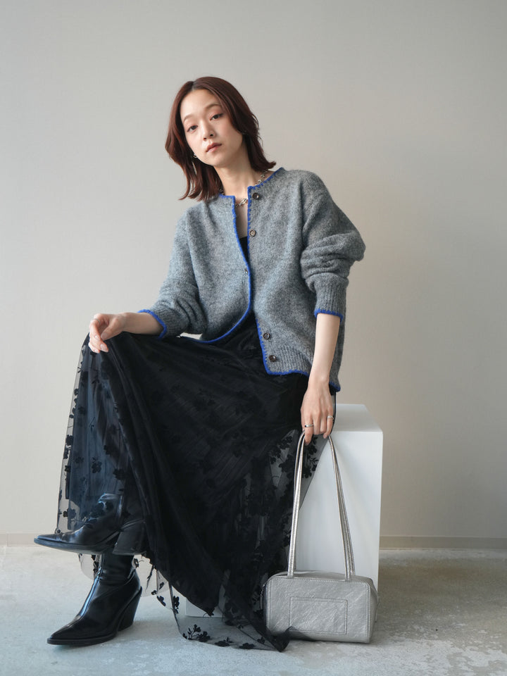 [SET]三角ステッチニットカーディガン+フラワーフロッキーチュールプリーツスカート(2set)