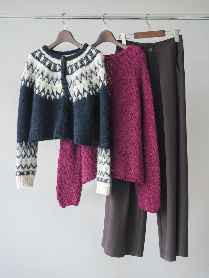 【着回しセット】[SET]求心柄クロップドニットカーディガン+異素材ミックスヤーンニットプルオーバー+ベルトループデザインワイドパンツ(3set)