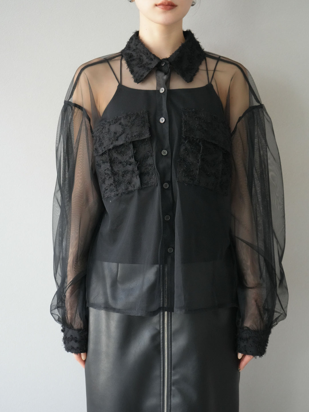 [予約]フリンジジャガード×チュールレイヤードシャツ/ブラック