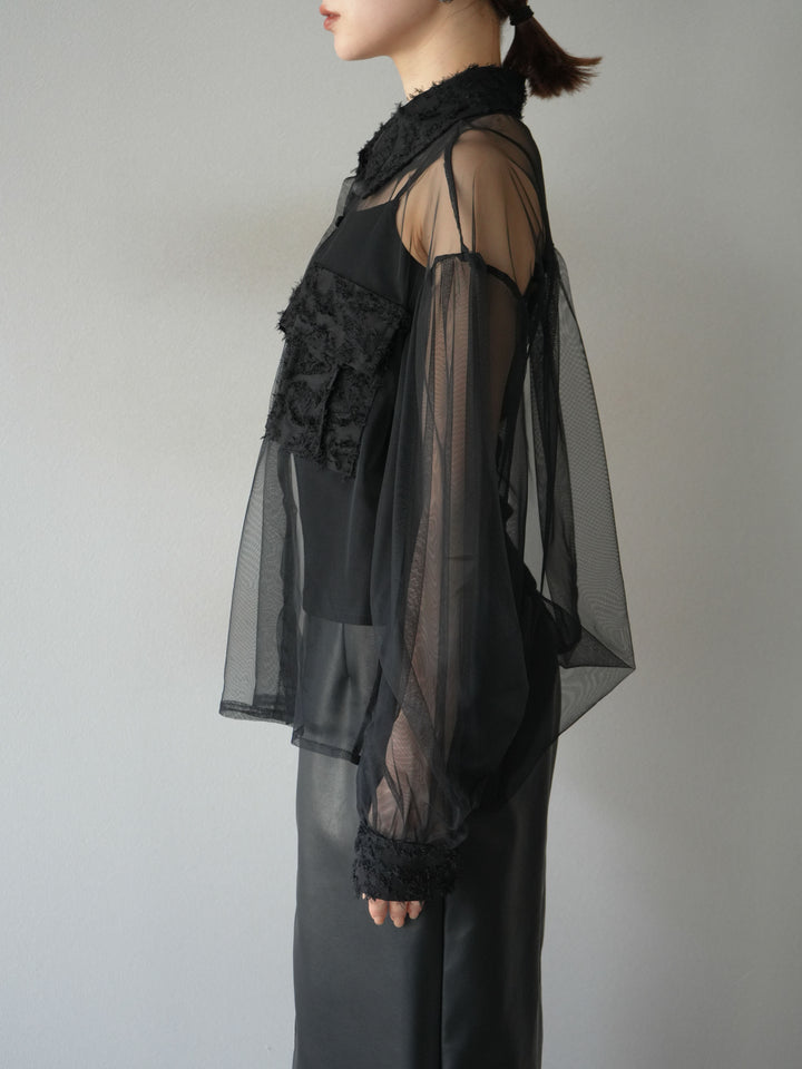 [予約]フリンジジャガード×チュールレイヤードシャツ/ブラック