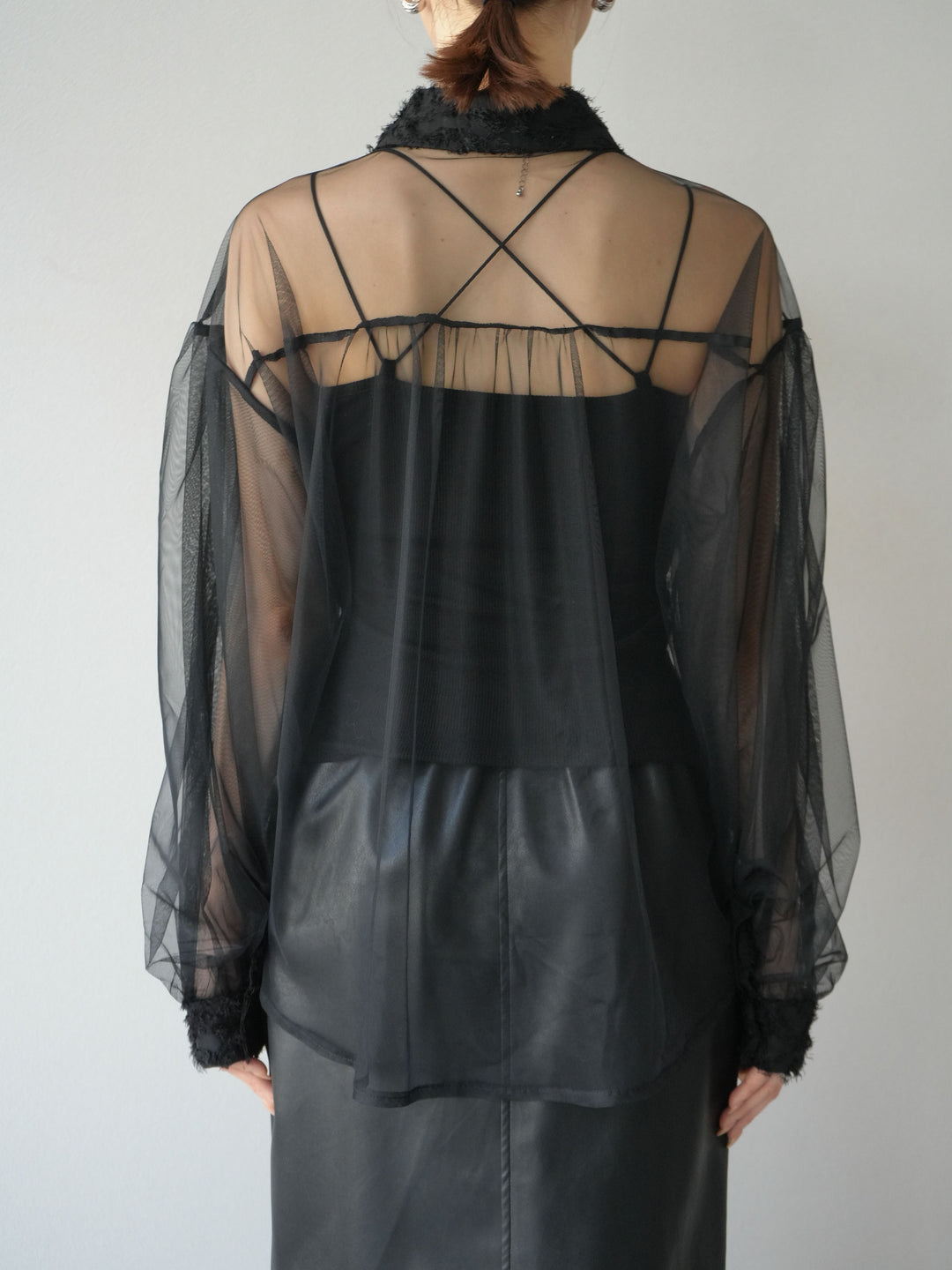 [予約]フリンジジャガード×チュールレイヤードシャツ/ブラック