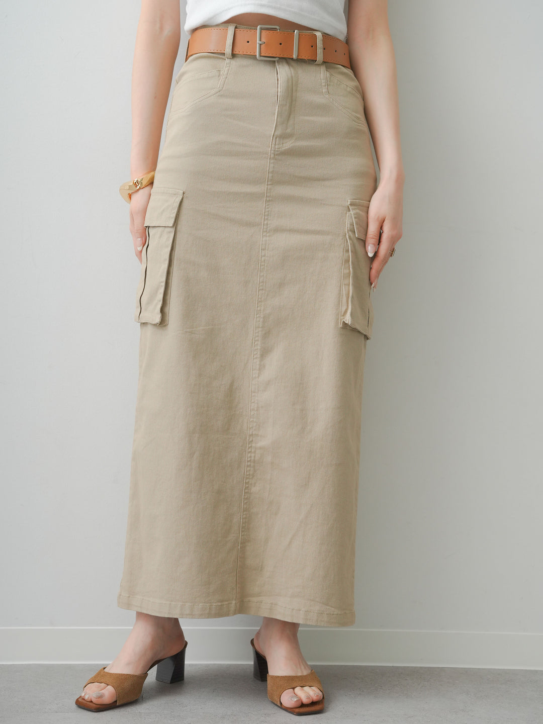 [予約]ベルト付カーゴナロースカート/beige