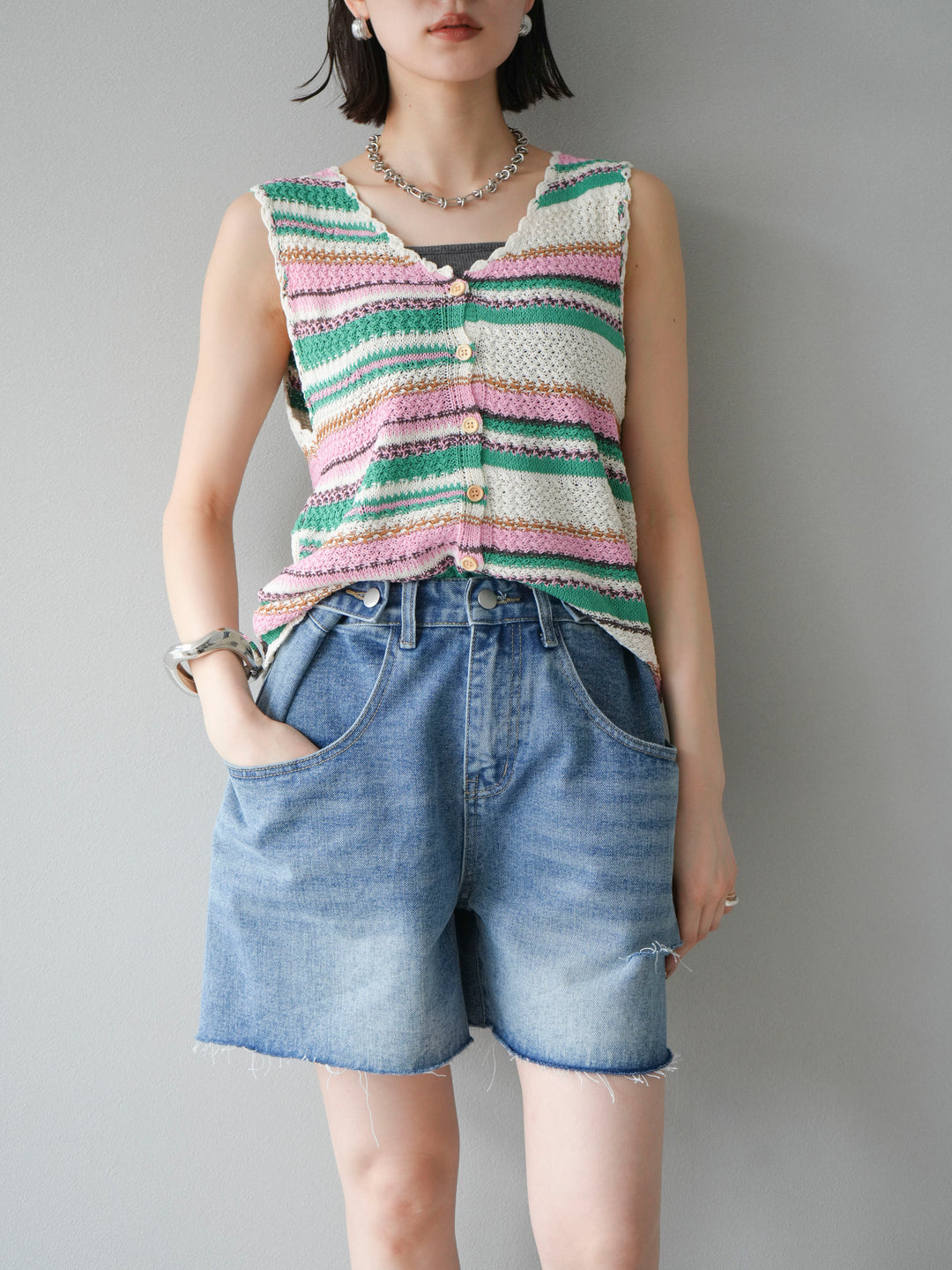 [予約]マルチボーダーニットベスト/グリーン