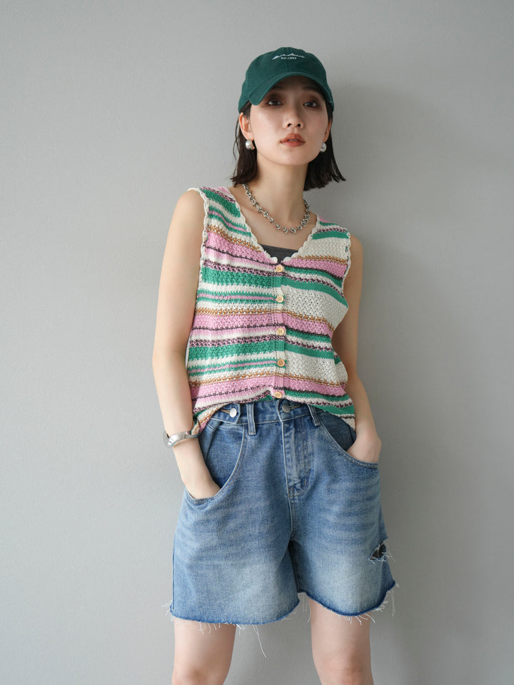 [予約]マルチボーダーニットベスト/グリーン
