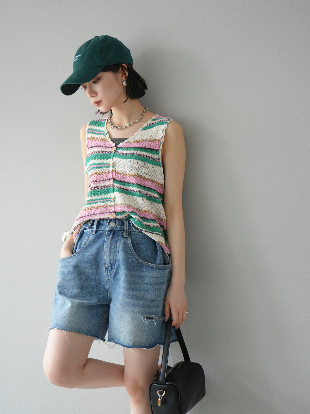 [予約]マルチボーダーニットベスト/グリーン