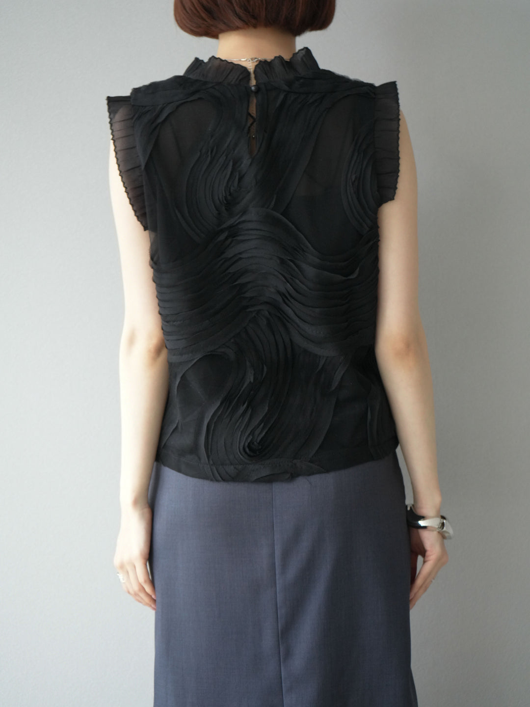 [予約]チュールジャガードノースリブラウス/ブラック