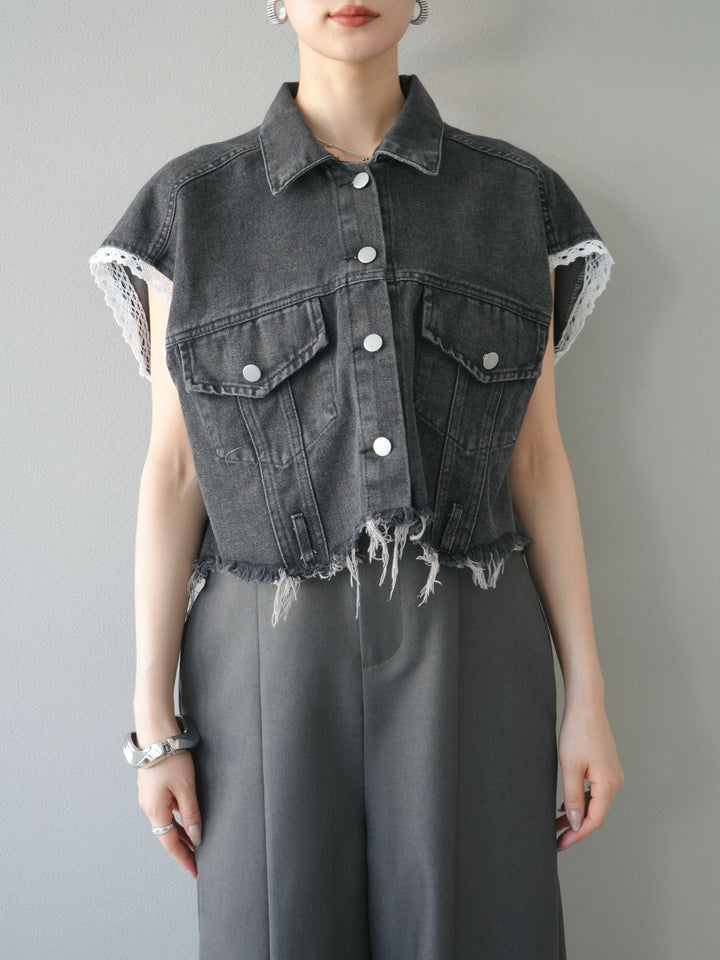 [予約]袖レースダメージデニムショートジャケット/ブラック