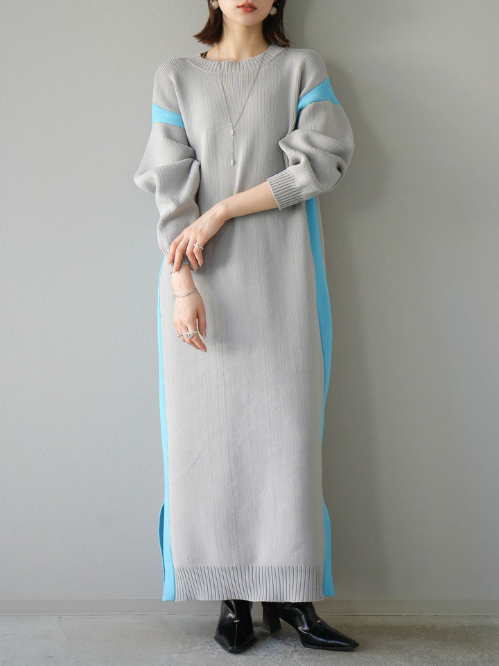【預購】米蘭諾羅紋邊拼色寬鬆連身裙/灰色