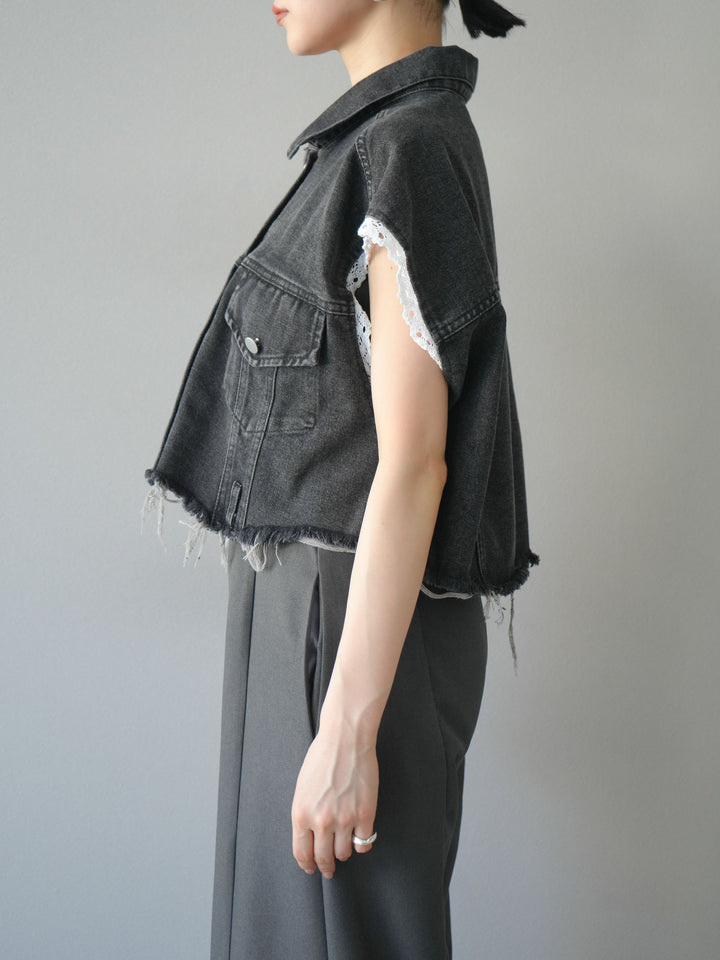 [予約]袖レースダメージデニムショートジャケット/ブラック