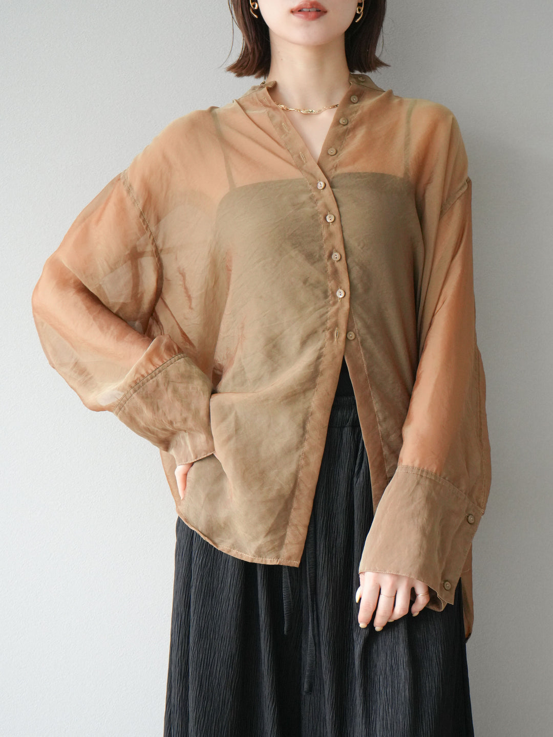 [SET] 亮面透視立領襯衫 + 亮面透視立領襯衫 (2 件套)