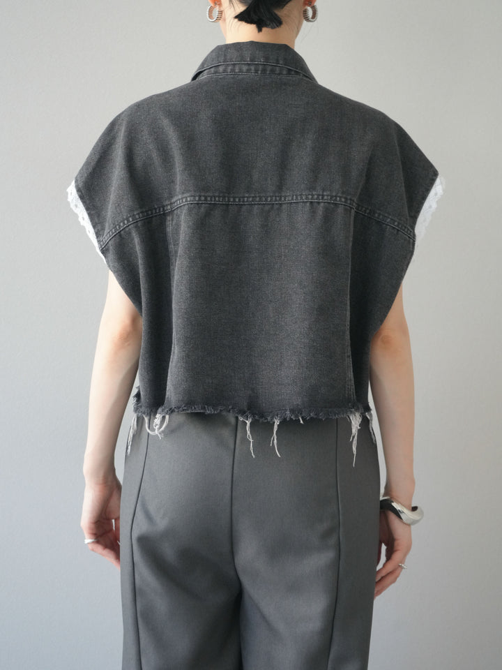 [予約]袖レースダメージデニムショートジャケット/ブラック